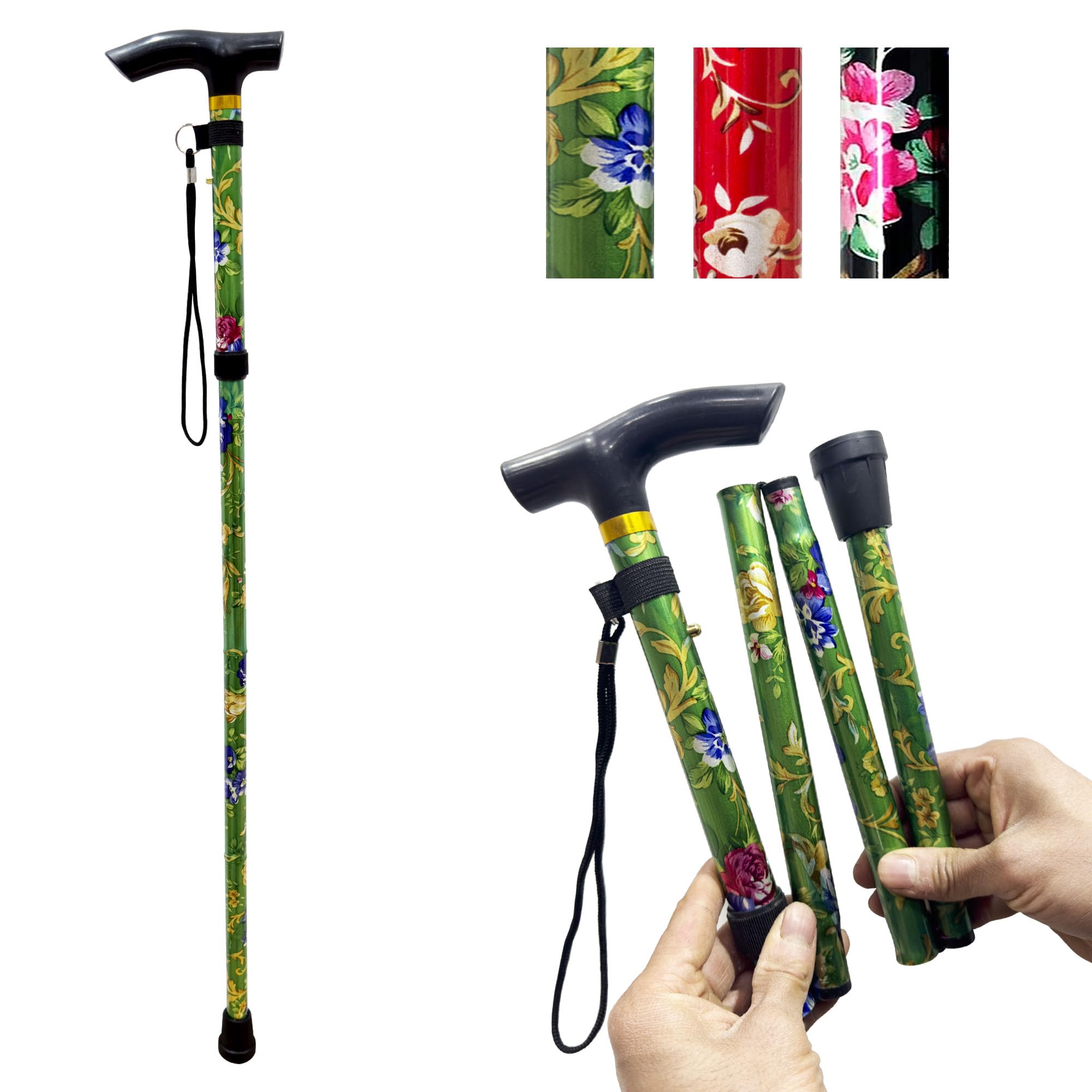PLASTIFIC Walking Stick, Easy Adjustable Height Folding Extendable Walking Cane, Lightweight Flexible and Durable Walking Aid Mobility Aid Collapsible Walking Stick (Green Flower)