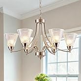 6 Light Brushed Nickel Dining Room Chandelier, Adjustable Farmhouse Chandelier with Frosted Glass Shades, Dimmable Modern Rus