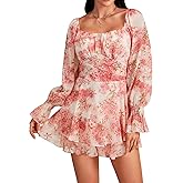 LYANER Women's Floral Print Off Shoulder Long Sleeve Ruffle Hem Romper Short Jumpsuit
