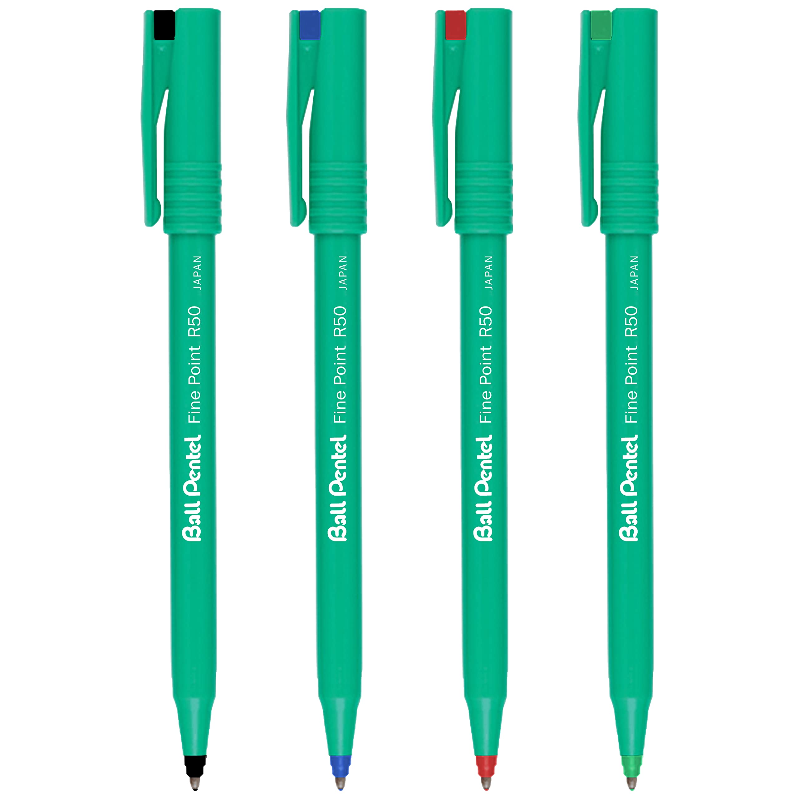 Pentel R50 Fine Point Liquid Ink Rollerball Pens - 0.8mm Tip 0.4mm Line Width - 77% Recycled - Black, Blue, Red & Green (4)