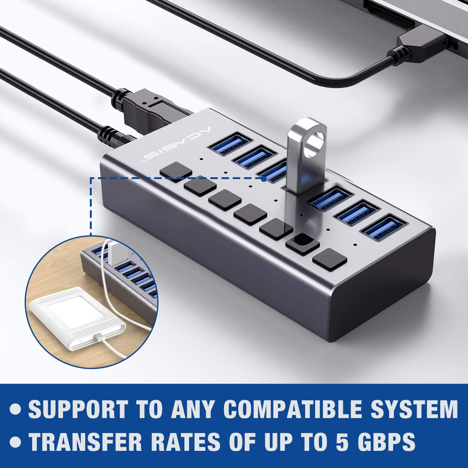 Powered USB Hub - ACASIS 7 Ports 36W USB 3.0 Data Hub - with Individual On/Off Switches and 12V/3A Power Adapter USB Hub 3.0 Splitter for Laptop, PC, Computer, Mobile HDD, Flash Drive and More: Computers & Accessories