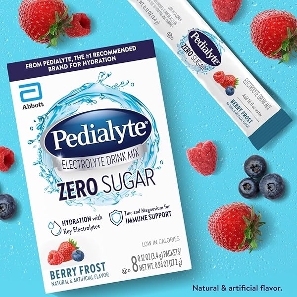 PEDIALYTE ELECTROLYTE DRINK MIX WITH ZERO SUGAR | HYDRATION WITH KEY ELECTROLYTES | GREAT HYDRATION LOW IN CALORIES | BERRY FROST, 8 POWDER PACKETS