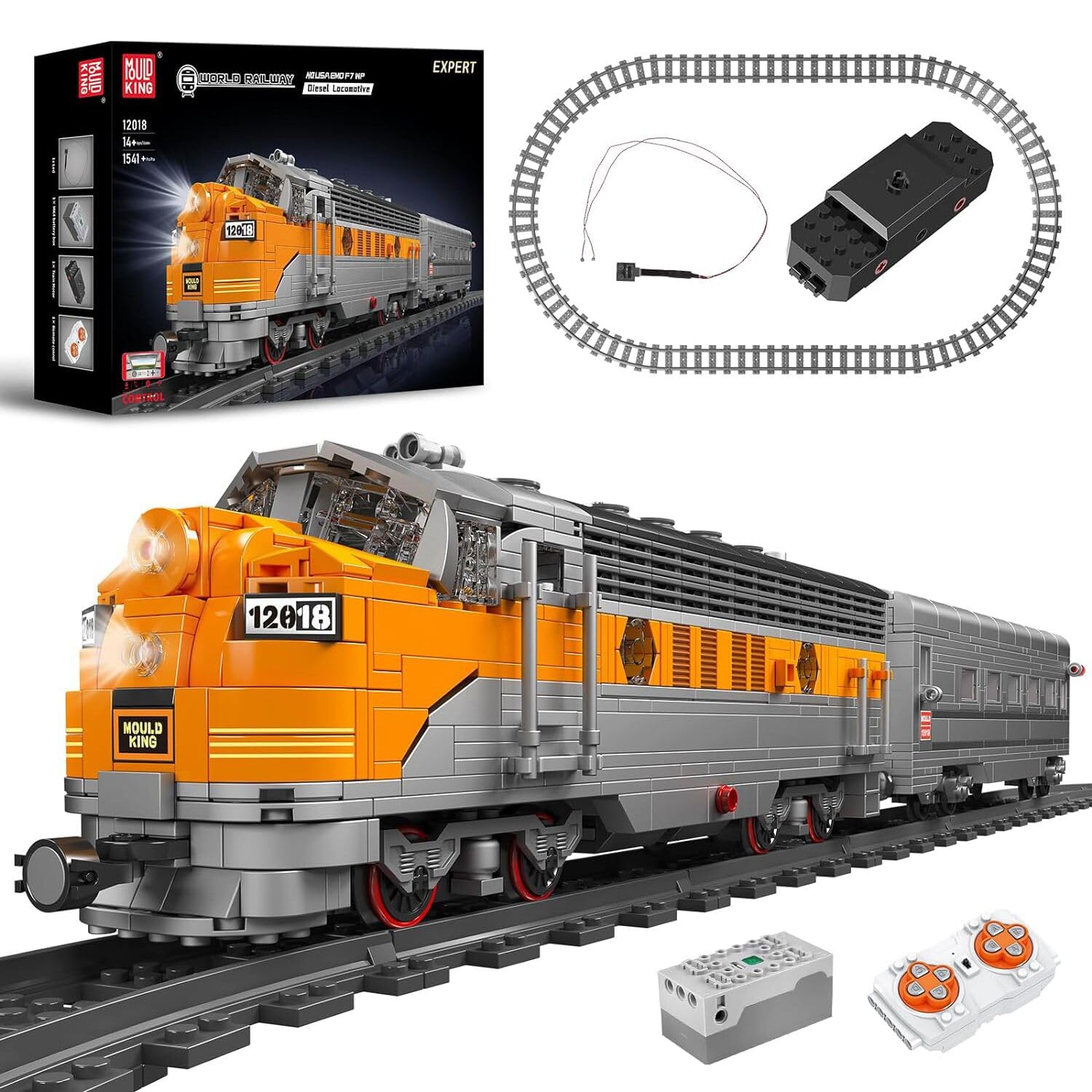 View 1 of Mould King 12018 Train Building Block Kits, MOC EMD F7 Internal Combustion Locomotive Model Building Blocks Set, Gift for Kids Age 8+/Adult (1541 Pieces, with Rail/Motor, APP Remote Control)