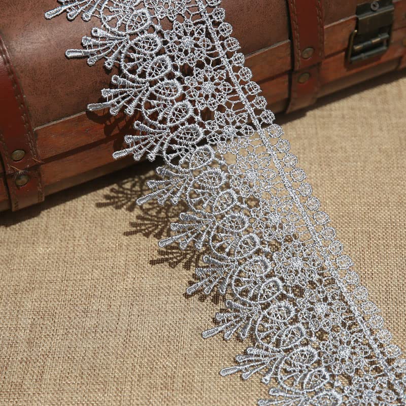 9CM Width Europe Chips Pattern Inelastic Embroidery Lace Trim,Curtain Tablecloth Slipcover Bridal DIY Clothing/Accessories.(2 Yards in one Package) (Grey)