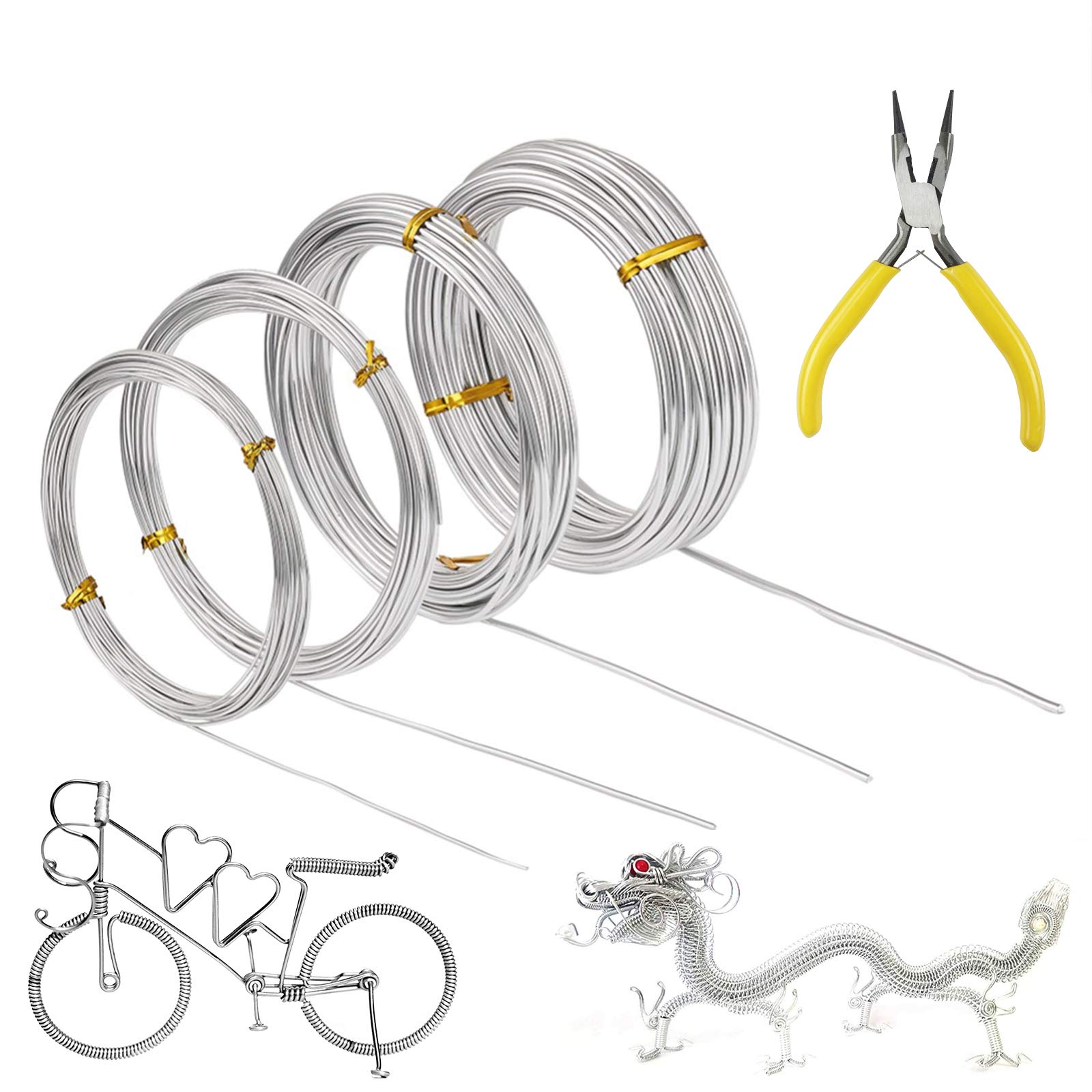 Craft Wire, 4 Rolls Silver Aluminum Wire, 0.8mm, 1.0mm, 1.5mm, 2.0mm Flexible Metal Wire for Jewellery Modelling Making, DIY Sculpture and Crafts (5m/roll)