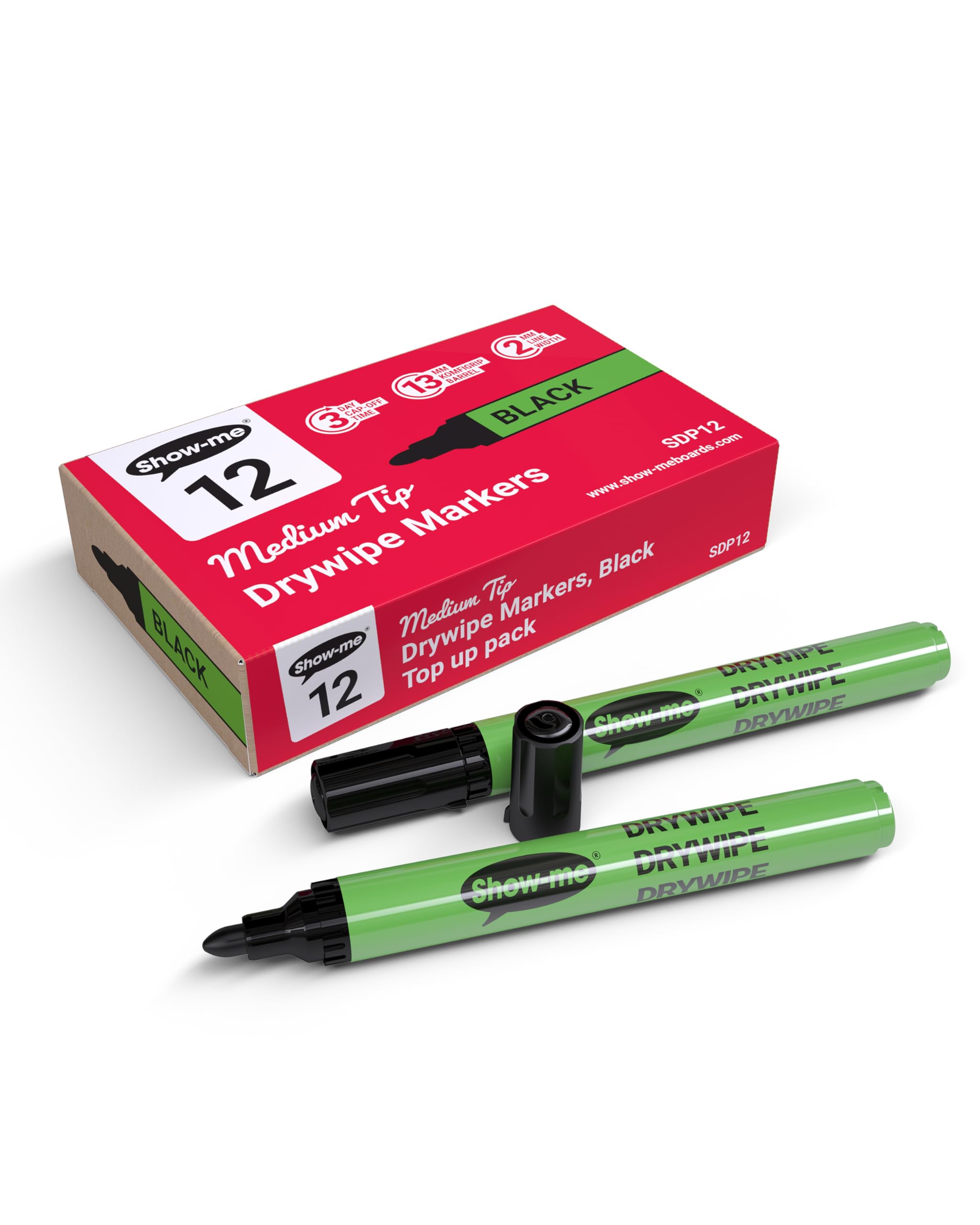 SHOW-ME - Whiteboard Markers | Drywipe, Erasable Black Medium Tip 2mm Line | Classroom Board Writing Pens with 3-Day Cap-off, Box of 12