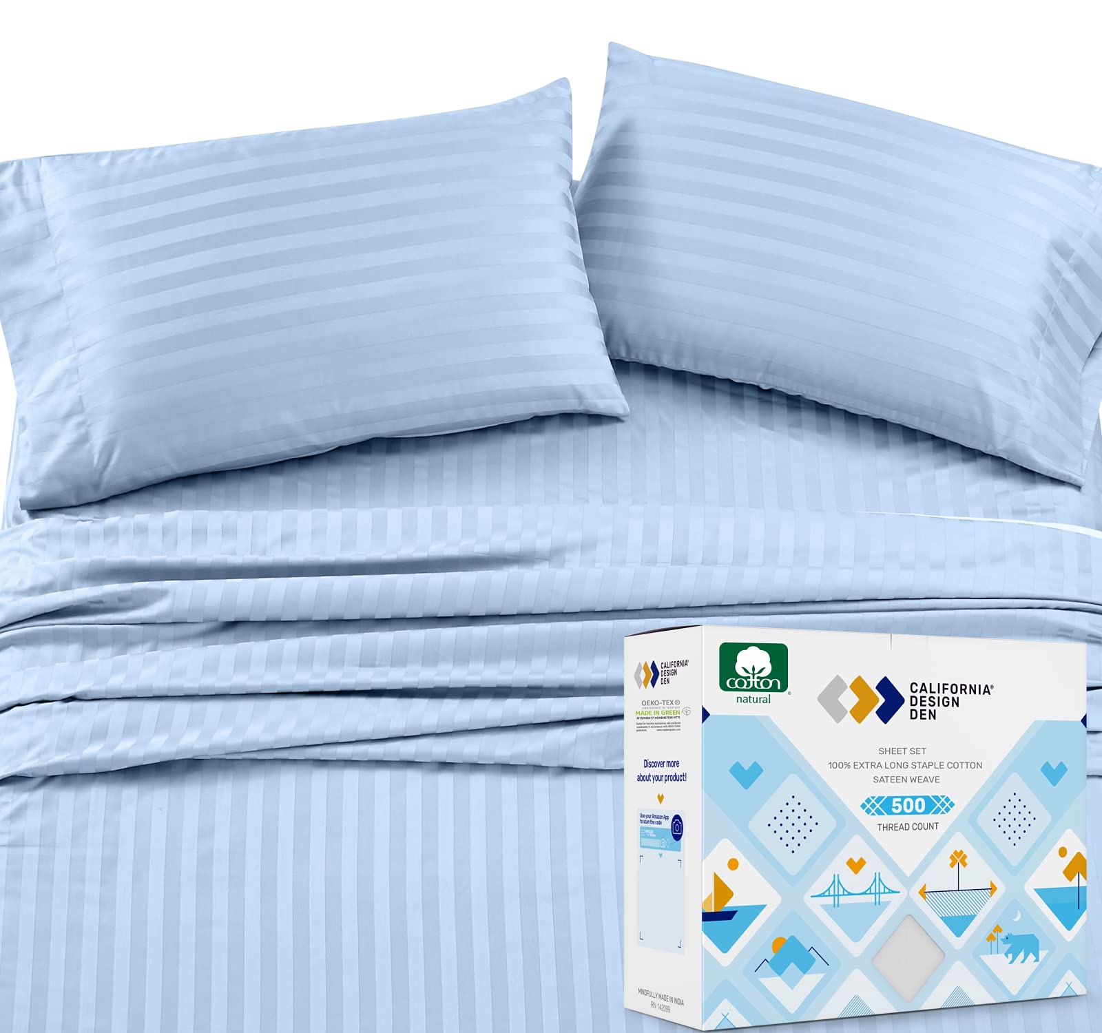Sky Blue Queen Sheet Set - 500 Thread Count Damask Stripe 4 Piece Sheets, Extra Long Staple Cotton Sateen Weave, Elasticized Deep Pocket Fits Low Profile Foam and Tall Mattresses