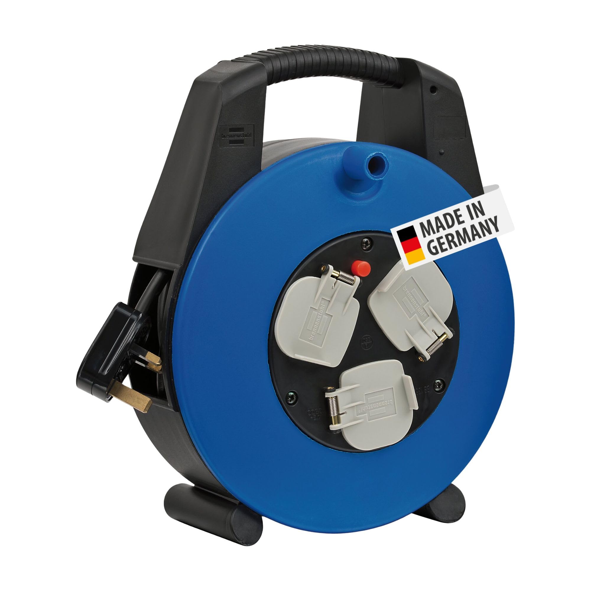 Brennenstuhl Vario Line 3-way socket cable box (15m extension cable, portable), small plastic cable reel box with carry handle, cable colour: black