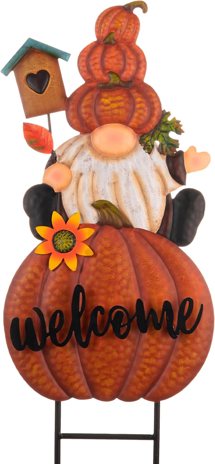 Decorative Garden Stakes - Valery Madelyn Outdoor Fall Decorations for Home, Metal Yard Signs Stake with 2 Stacked Pumkin Gnome Garden Decor, Autumn Lawn Ornaments for Thanksgiving Harvest Gift Porch Outside Patio 23