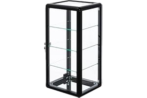 CRIEBEO Display Case,Glass Display Cabinet, 4 Tier Tempered Glass Counter Top Display Showcase, Black Aluminum Frame Display Cabinet with Sliding Glass Door and Lock, 12" W x 14" D x 27" H