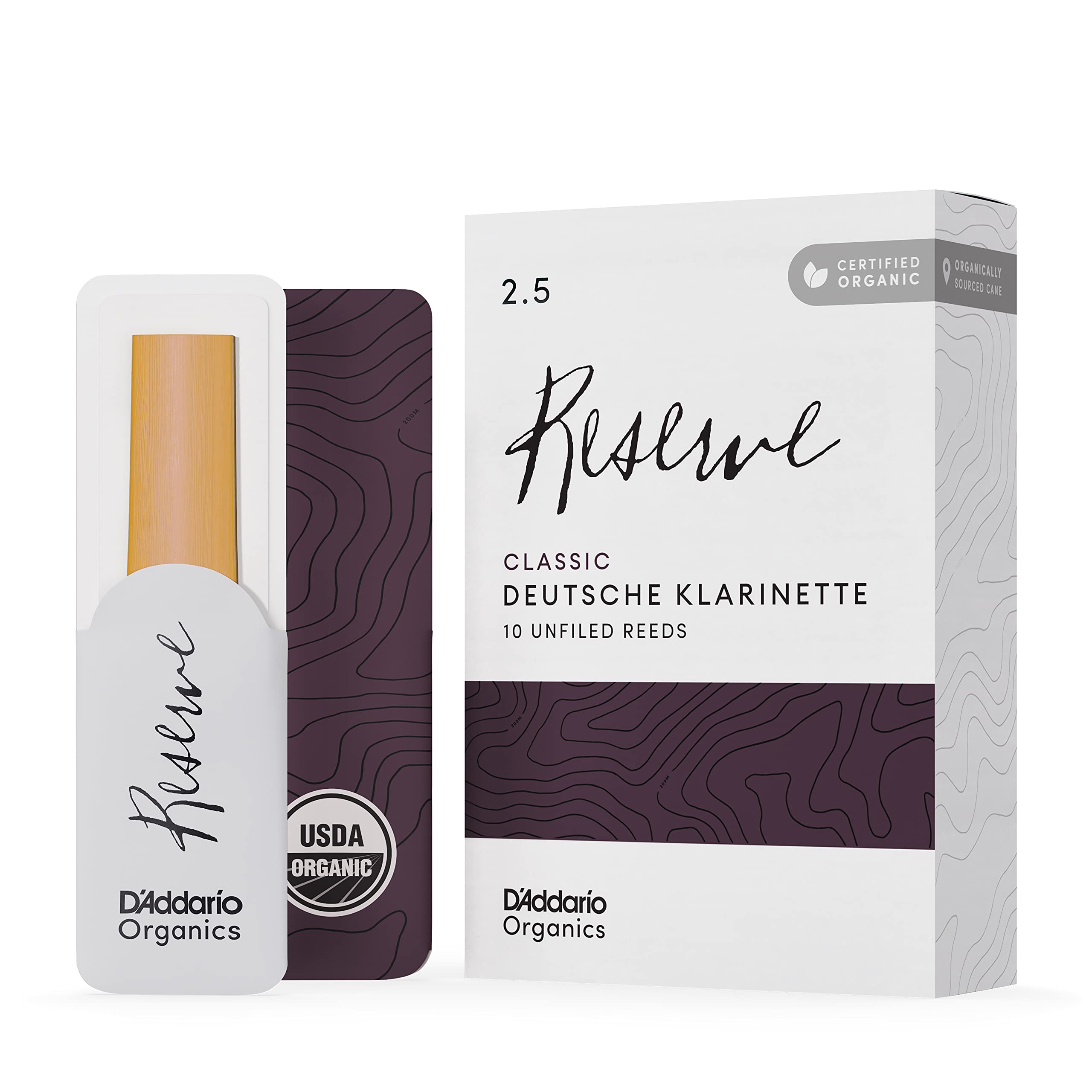 D'Addario Organic Reserve Classic German Clarinet Reeds - Reeds for Clarinet - Individually Sealed - 2.5 Strength, 10 Pack