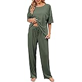 JiniGolla Womens Pajama Sets Waffle Knit Short Sleeve Shirt with Long Pajama Pants Soft Sleepwear Pj Lounge Sets