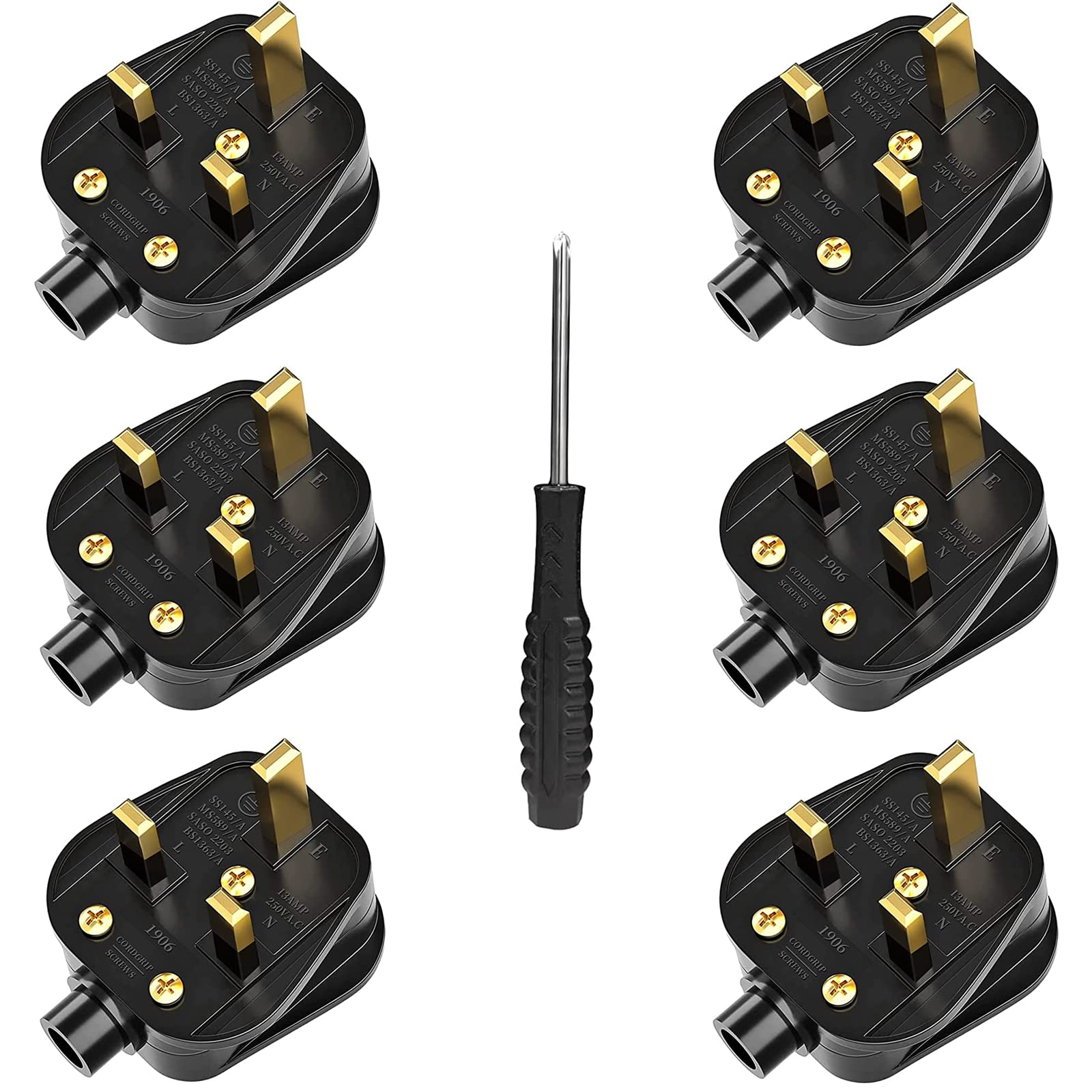 UK Plugs with 13 AMP Fused, 3 pin Mains Plug with Cord Grip Rewireable Heavy Duty Electrical Plug, Rubber Composite Plug, 6 Pack - Black