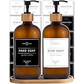 Vine Creations Amber Glass Soap Dispenser Set - Kitchen Soap Dispenser Set with Tray - Bamboo Dish Soap and Hand Soap Dispensers Set for Bathroom - Modern Kitchen Decor with Waterproof Labels