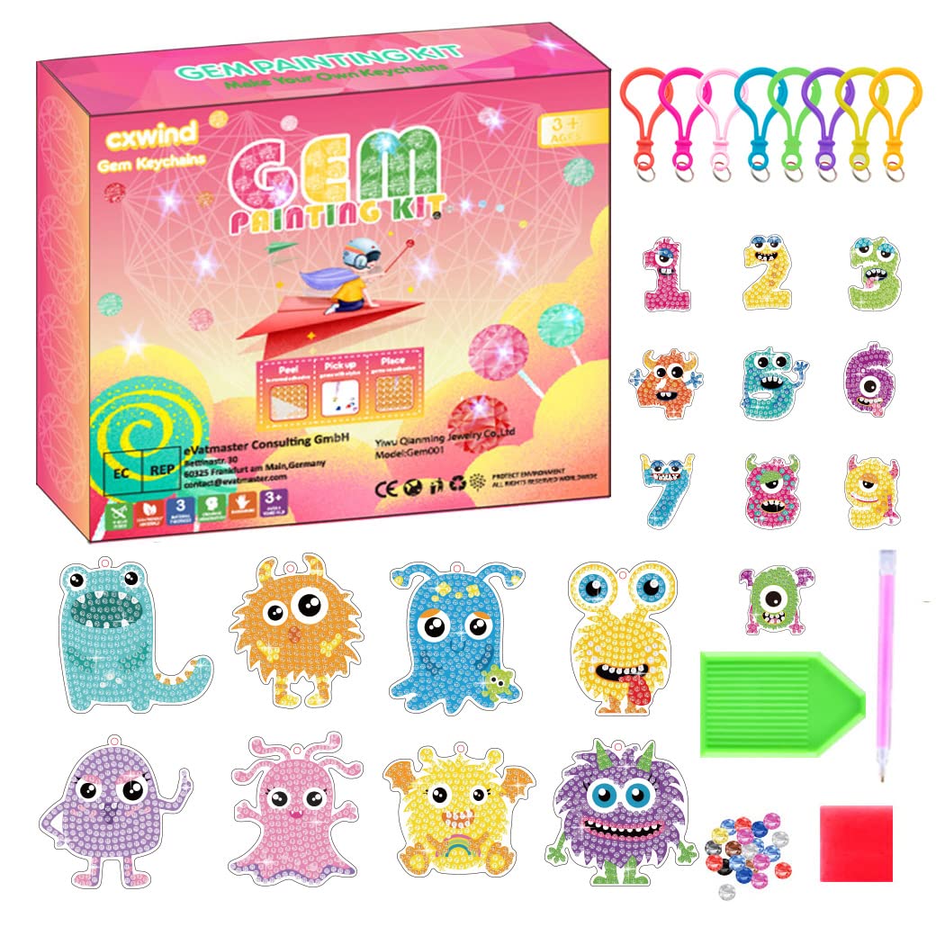 Chengxun 8 Pcs Big Gem Keychain Diamond Painting Kit for Kids 5D Diamond Art Craft Kits for Girl Create Your Own Keyrings for Girls Toddler Ages4-8 -10-12 (Muti)
