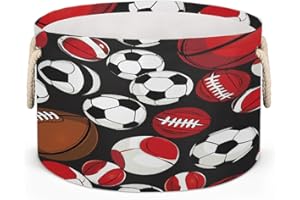 Ginfult Round Storage Basket Sports Soccer Basketball Football Large Collapsible Nursery Bins with Cotton Rope Handles Toy Or