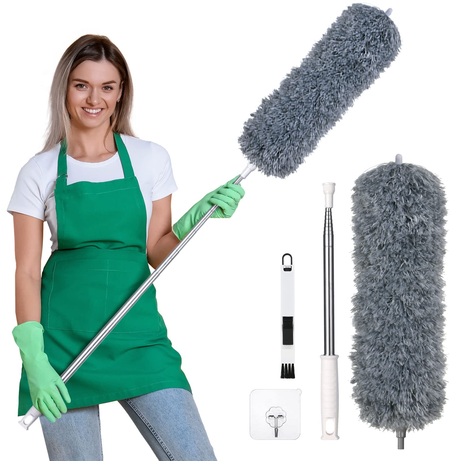 Vicloon Extendable Feather Duster, Bendable Reusable Microfiber Duster with 100" Extra Telescopic Extending Pole and Window Slot Cleaning Brush for Cleaning Ceiling Fan High Ceiling Furniture