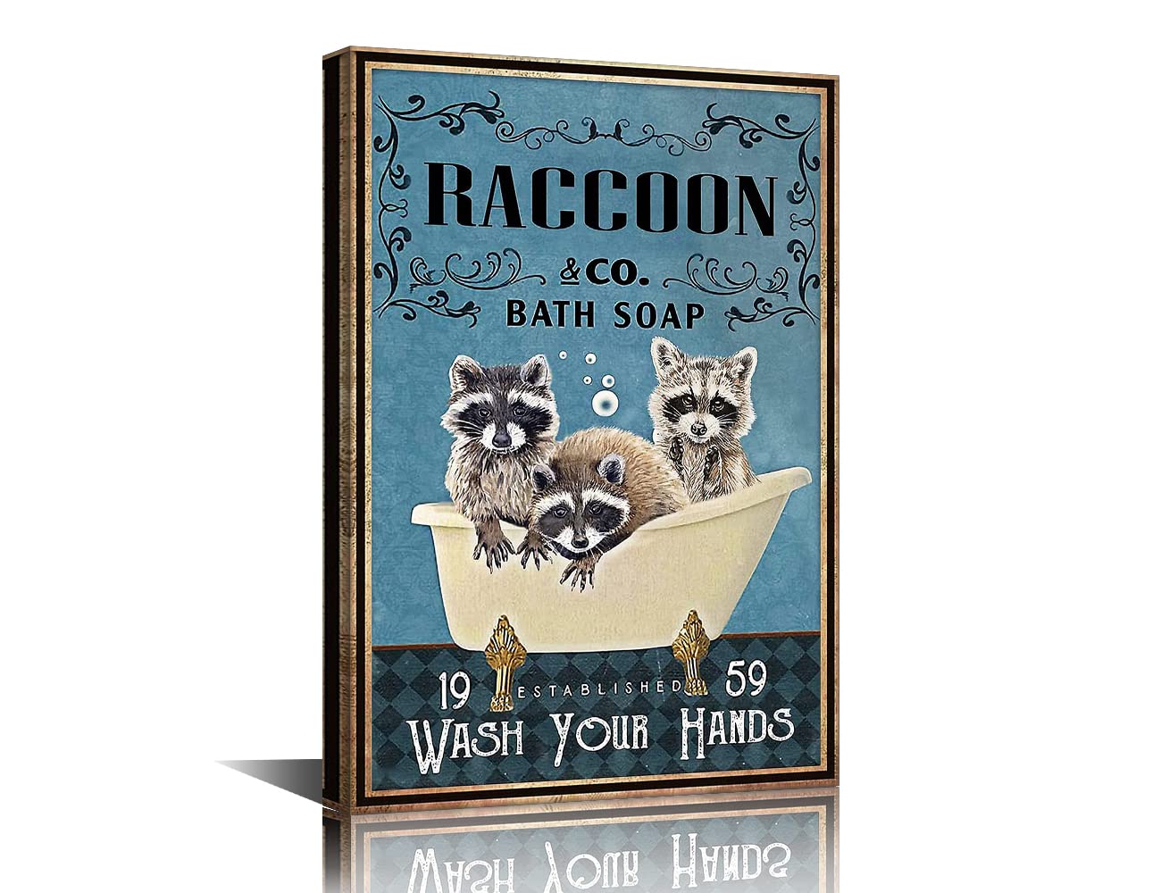 Funny Raccoon Canvas Framed Wall Art - Retro Farmhouse Kitchen Bathroom Decor - 18" W x 12" H