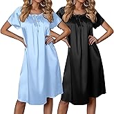 Ekouaer Satin Nightgowns for Women 2 Pack Silk Nightgown Pleated Loose Night Shirts Short Sleeve Sleep Shirts,Light Blue/Black,XX-Large