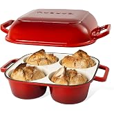QuadPro Enamelled Cast Iron Bread Loaf Pot &ndash; Dutch Oven for Sourdough Bread Baking &ndash; 500&deg;F Oven Safe Non Stick Bread Pot &ndash; 4 Round Loaf Spaces (4.90-inch Diameter), Red &ndash; by Nuovva