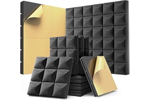 HEMRLY 12 Pack Sound Proof Foam Panels with Self-Adhesive, 12 X 12 X 2 Inches Acoustic Panels, High Density Soundproof Wall Panels, Studio Acoustic Foam Panels for Office,Vocal Room, Bedroom Walls (Black)