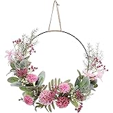 ULDIGI Large Artificial Flower Wreath Pendant Hoop with Pink Faux Floral Greenery for Outdoor Indoor Spring Summer Fall Winter Wedding Front Home Door Ring Decoration Season Celebrations