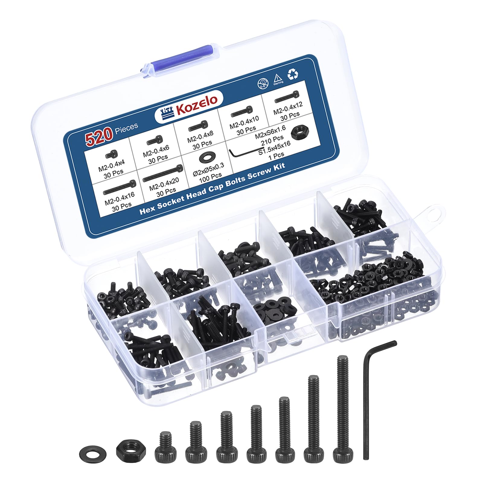 Kozelo 520pcs Socket Head Cap Screws Bolts Nuts Assortment Kit - [M2x4/6/8/10/12/16/20mm] Alloy Steel Black Oxide 12.9 Internal Hex Screw for 3D Printer Use, with Wrench
