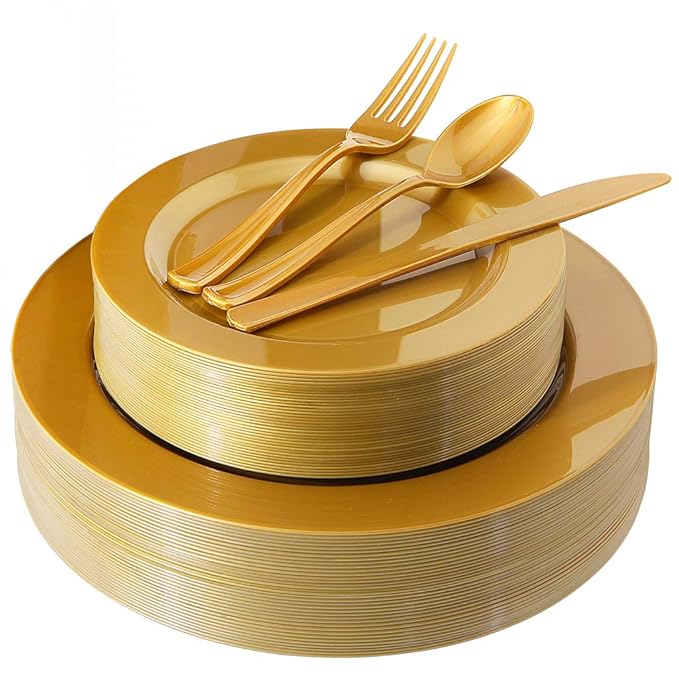 180 Pieces Gold Plastic Plates, Premium Heavyweight Gold Disposable