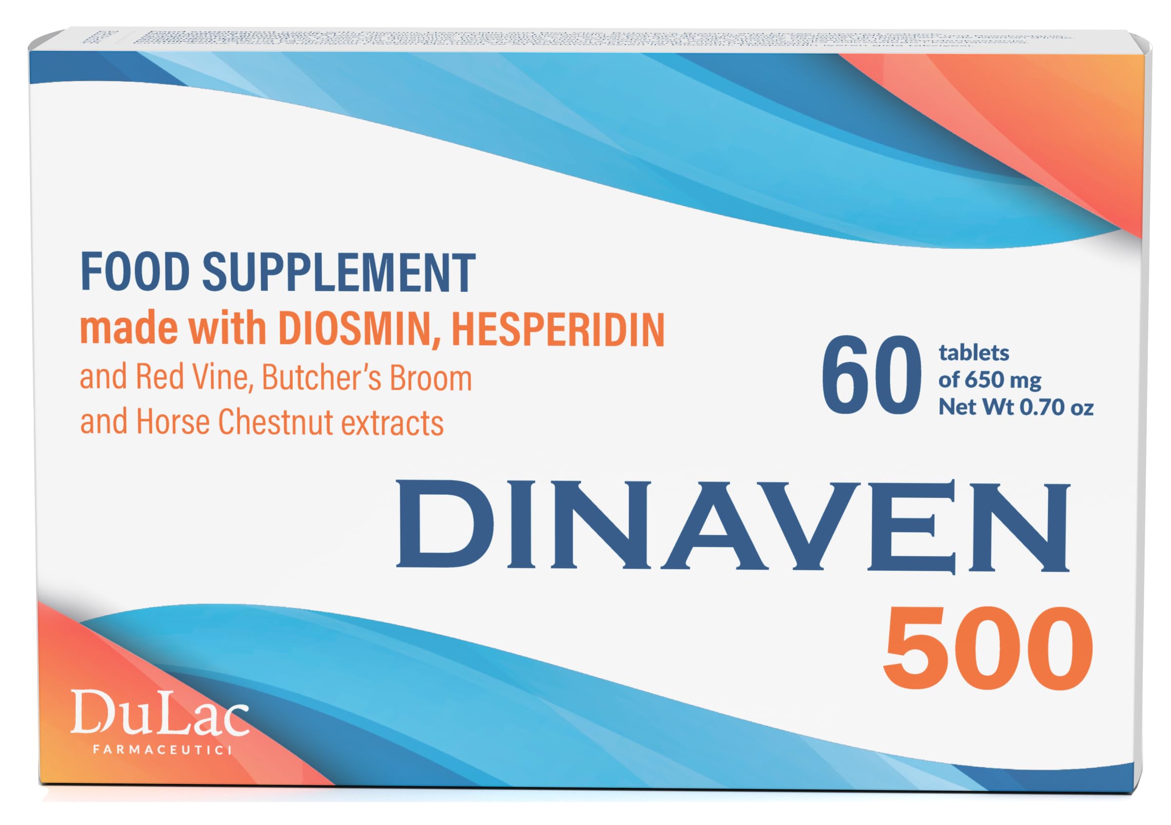 Dulac – Dinaven 500, Food Supplement for Leg Support Circulation, 60 Tablets, for Heavy and Tired Legs, Helps Improve Blood Flow, with Diosmin and Hesperidin, Made in Italy