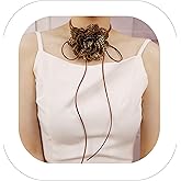 Asphinien Vintage Leopard Print Flower Choker Necklace 78.7 inch Long Suede Rope Y Necklace Black Brown String Tassel Floral Collar Necklace with Artificial Cloth Flower for Women