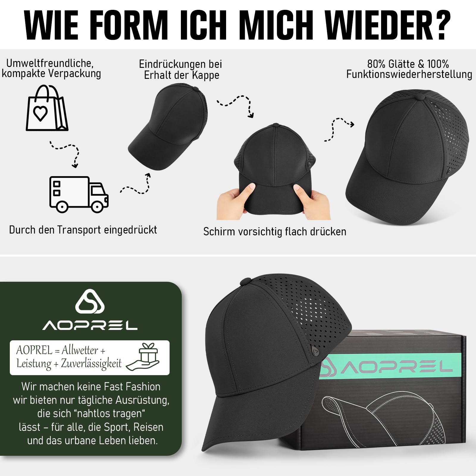 AOPREL Baseball Cap Herren Damen, Wasserdicht Basecap, Atmungsaktivem UV-Schutz Baseball Kappe für Outdoor-Aktivitäten, Golf, Tennis (DE/NL/SE/PL, Alphanumerisch, Einheitsgröße, Schwarz) 6