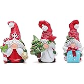 Hodao Christmas Gnome Decorations Set of 3 - Hand-Painted Resin Santa Gnomes with Candy Cane, Christmas Tree & Gift Box, Holiday Home Decor for Tiered Tray, Mantel, Tabletop, Windowsill