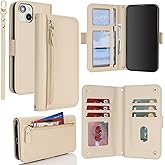 Jaorty Case for iPhone 15 Phone Case with RFID Blocking Card Holder for Women,Phone Case Wallet for iPhone 15 with Wrist Strap,PU Leather Zipper Pocket Credit Card Slots Flip Cover,Beige