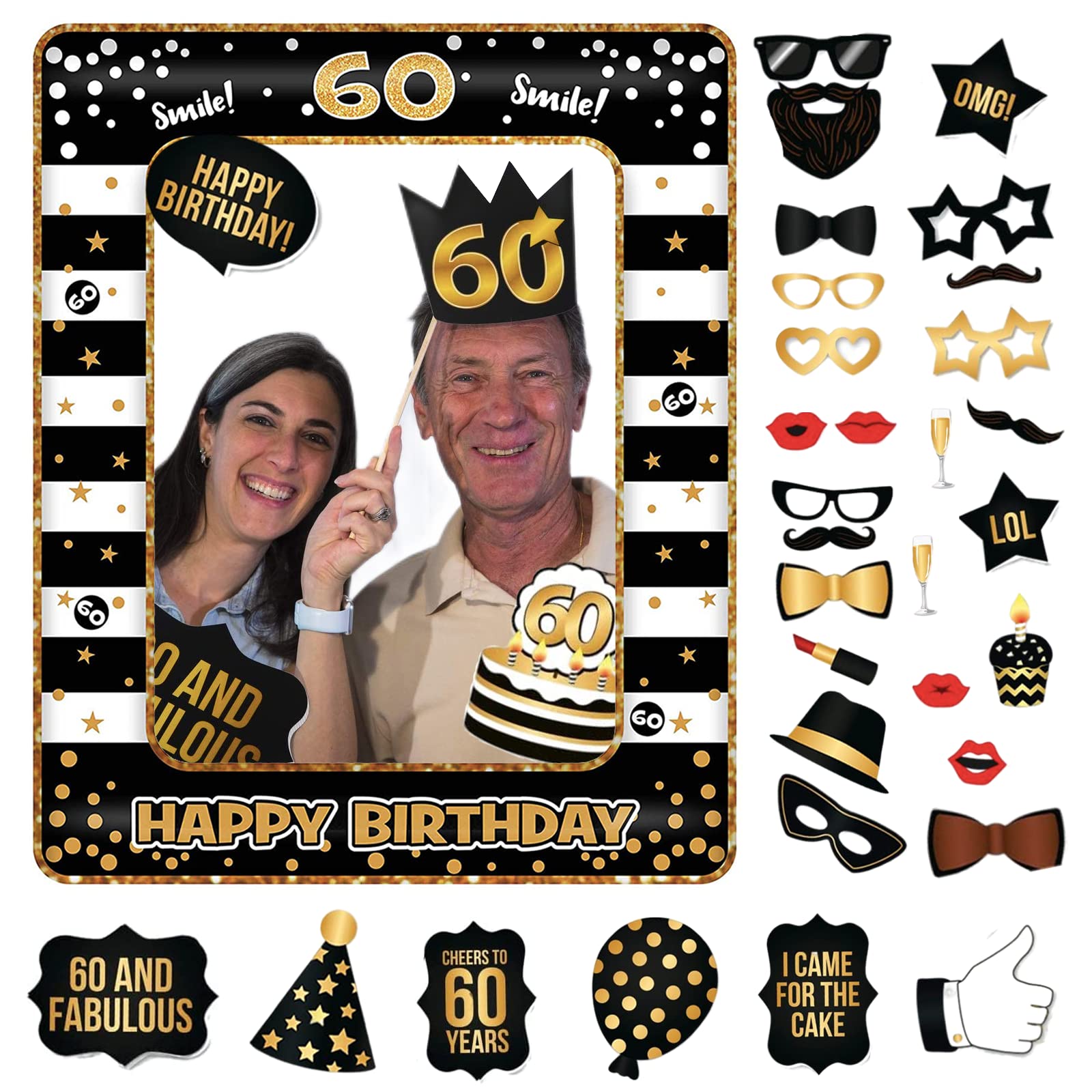 POPOYU 60th Birthday Decor Ladies Men,Black Gold Inflatable Selfie Frame&34Pcs 60th Birthday Photo Booth Props,Giant Inflatable Party Photo Booth Frame , 10x20cm (years old)