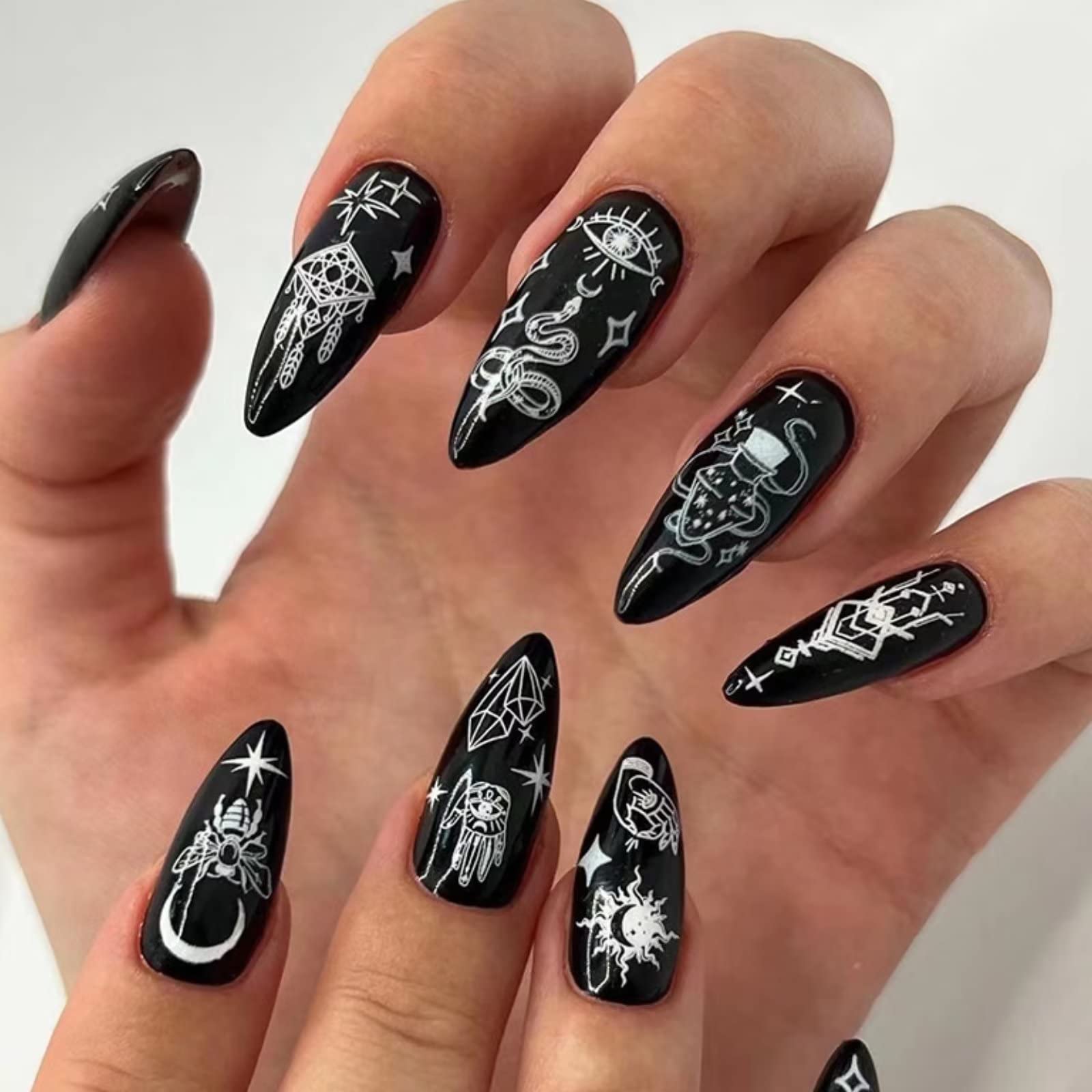 RUNRAYAY 24Pcs Press on Nails Almond, Black Punk Snake Fake Nails Coffin, False Nails for Women and Girls