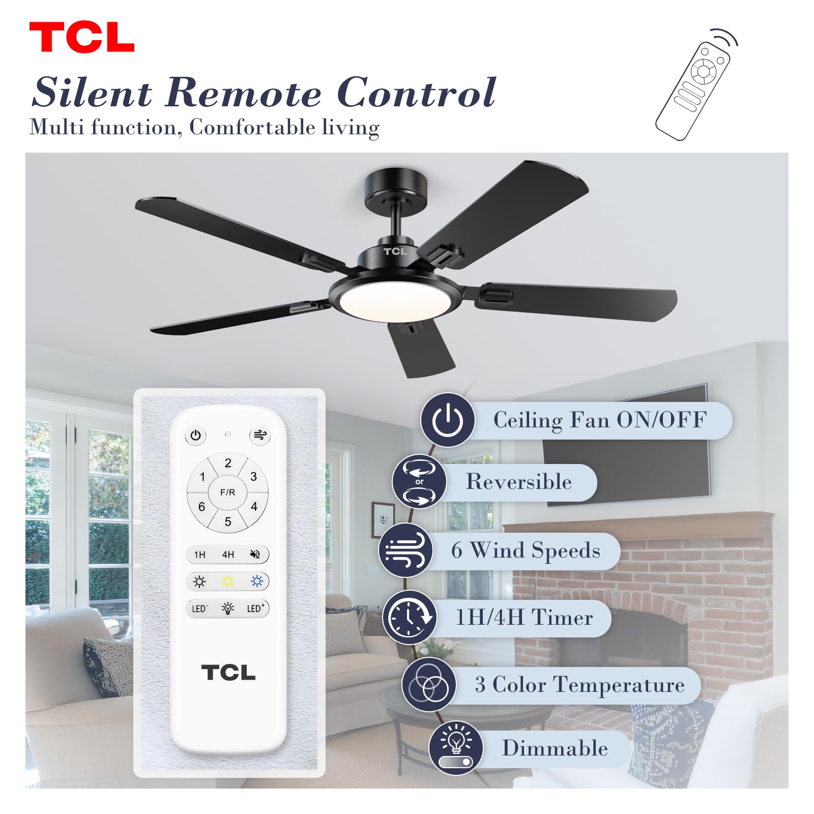 TCL Ceiling Fans with Lights, 52 Inch Ceiling Fan with Light and Remote Control, Reversible DC Motor, Noiseless, Dimmable 36W LED, Modern Ceiling Fan for Bedroom Living Room (Black)