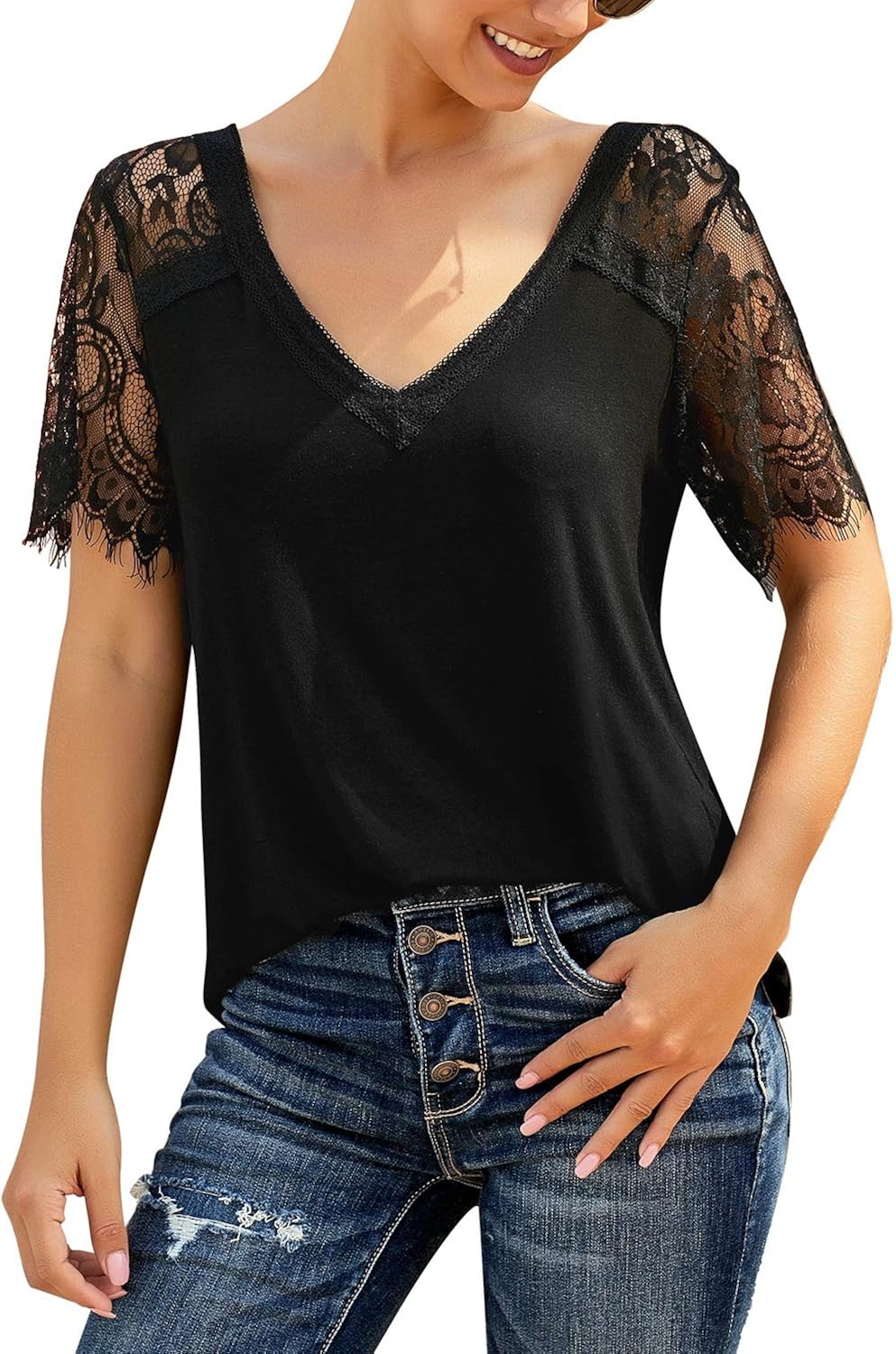 LookbookStore Women's Summer Scalloped Lace Short Sleeves V Neck Tops Tee Shirt at  Women’s Clothing store