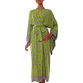 NOVICA Artisan Handmade Rayon Robe Balinese Green Purple Fern Leaf Kimono Style Clothing Greenery Patterned Indonesia Tree ' Tropical Fern Forest'