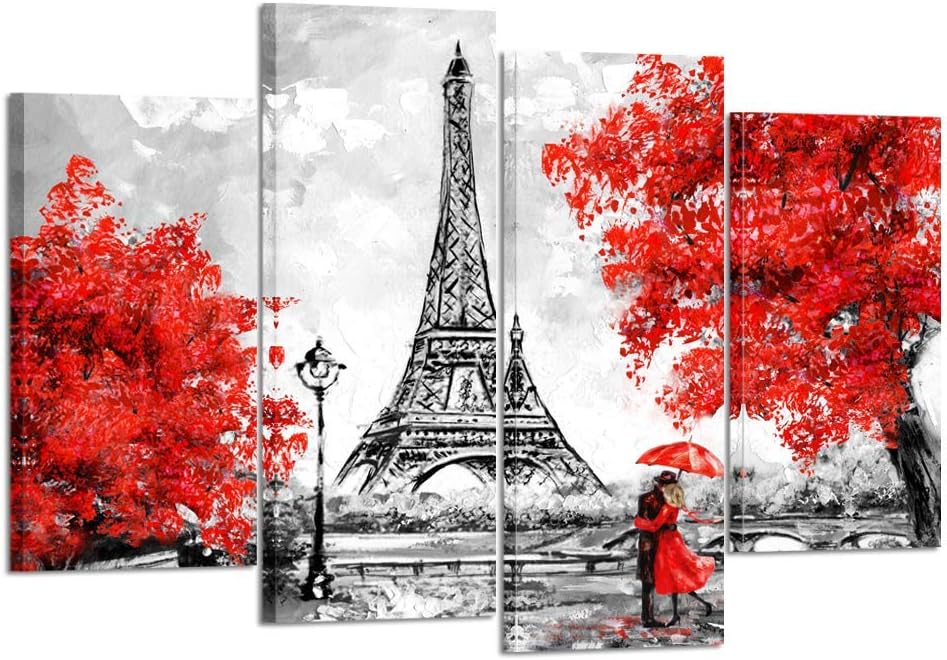 KREATIVE ARTS 4 Panel Canvas Wall Art Black White and Red Umbrella Couple in Street Eiffel Tower Oil Painting Printed on Canvas Romantic Picture Framed Artwork Prints for Walls Decor 48x33inch