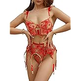 HELLOLAGIRL Lingerie Sets For Women Sexy,Black Floral Embroidery Metal Chain Shoulder Strap Lingerie Set