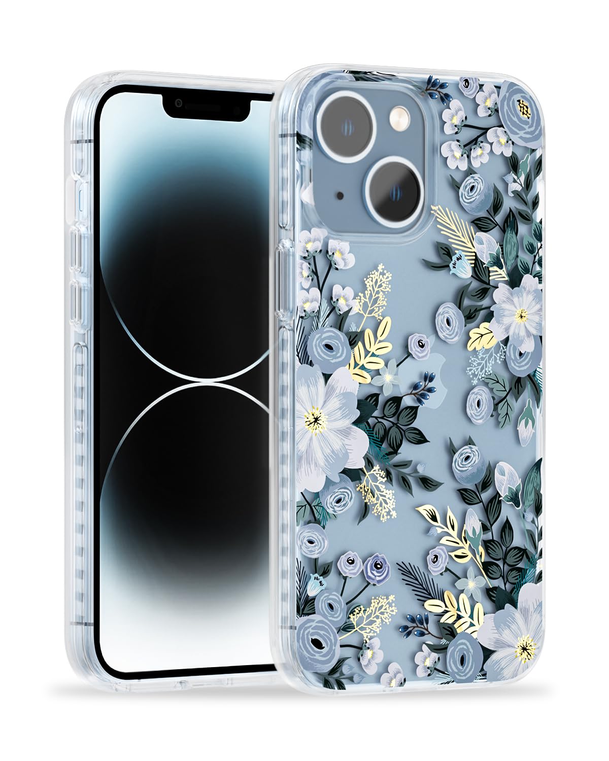 SCORPIFY for iPhone 13 Case with Blue Nemophila Floral Design, Cute Clear Flower Phone Cover for Women Girls, [Non Yellowing] Slim Shockproof Bumper with Gold Accents — image 1
