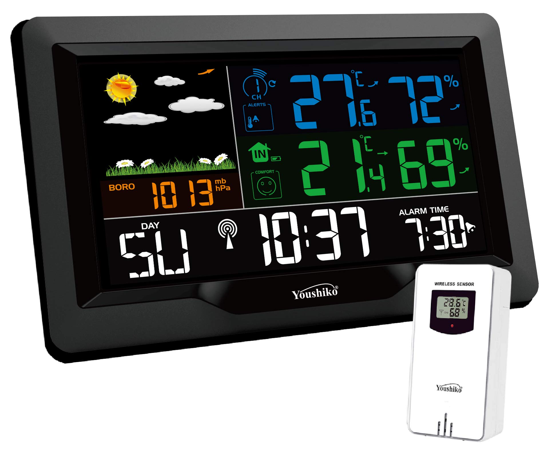 Youshiko YC9442 (Official 2026 UK Version) Wireless Weather Station, Radio Controlled Clock, Indoor Outdoor Temperature Thermometer, Humidity, Barometric Pressure, Ice Alert