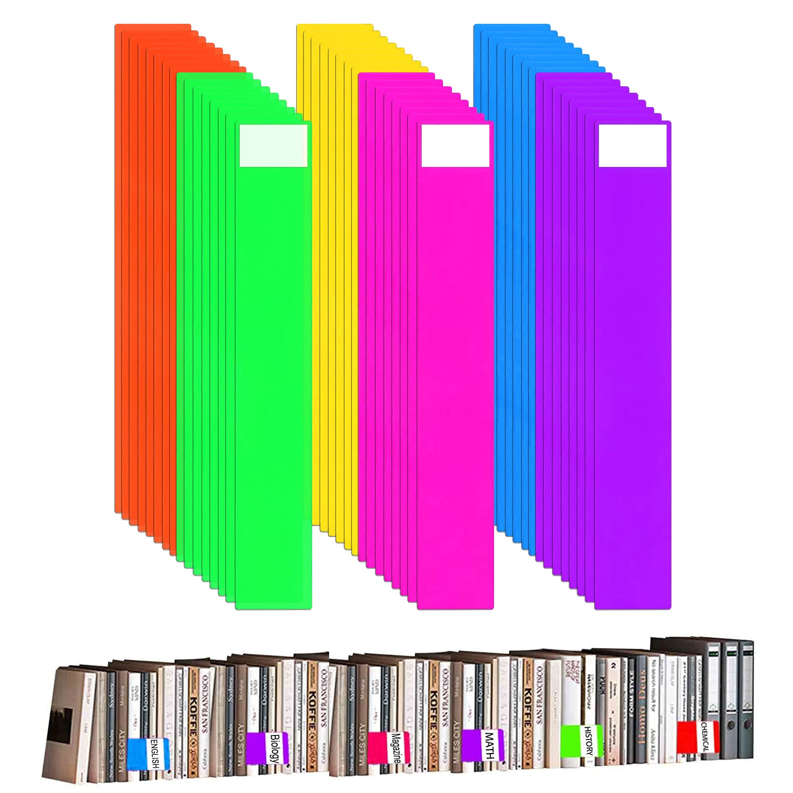 48PCS Library Book Dividers for Shelves with Stickers, 12x2inch Plastic Bookshelf Markers, Colored Comic Book Dividers