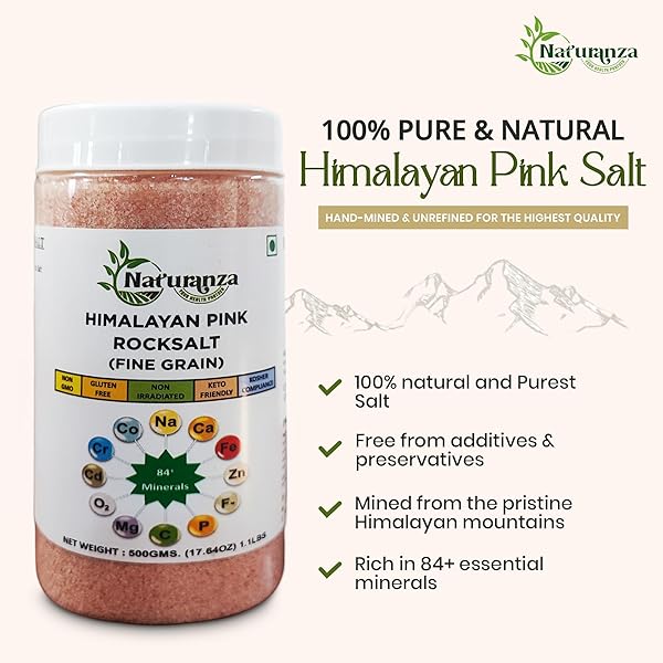 NATURANZA HIMALAYAN PINK ROCK SALT FINE GRAIN – (17.64 OZ / 1.1 LBS) 500G | ORGANIC SALT | ELECTROLYTES | MINERAL-RICH | NON-GMO | GLUTEN-FREE | KETO-FRIENDLY | KOSHER COMPLIANT