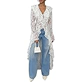 KWSTAIN Lace Cardigan for Women Maxi Summer Lightweight Open Front Tie Bell Long Sleeve Ruffled Tops Duster Swimsuit Cover Up