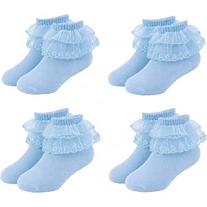 MKYSZLT 4 Pairs Girls Lace Ruffle Socks Toddler Cotton Cute Fancy Ruffled Frilly Princess Dress Ankle Socks for Little Kids
