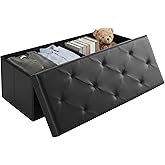 Foldable Storage Ottoman Bench, Synthetic Leather Storage Chest, End of Bed Foot Rest Stool with Padded Seat, 43 Inch Bedroom Bench for Living Room, Support 660lbs, Black