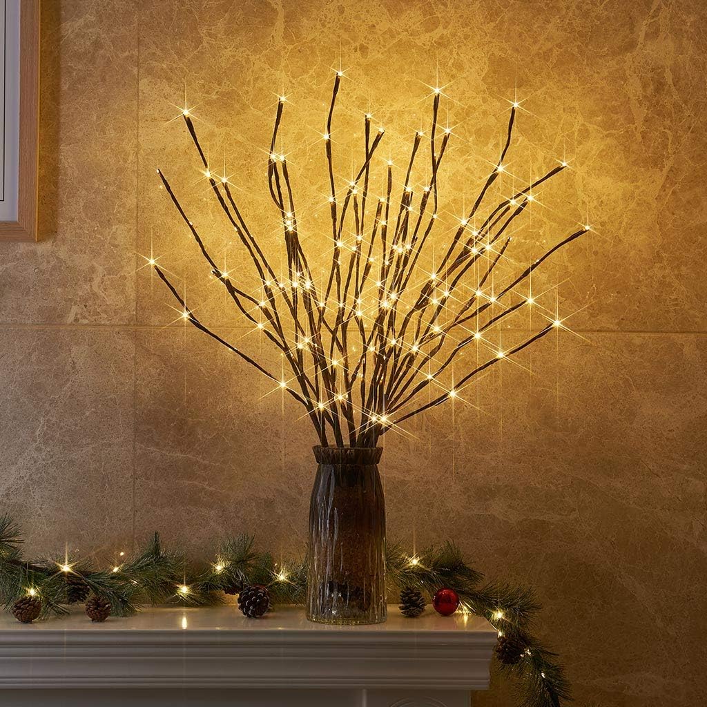 EAMBRITE 3PK 30" Brown Wrapped Lighted Twig Stake with 60LT Warm White LED Bulbs for Outdoor and Indoor use(Vase Excluded): Home Improvement