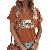 V Neck Thanksgiving Tshirt Women Thankful Letter Print Shirt Leopard Plaid Pumpkin Graphic Tee Casual Short Sleeve Tops