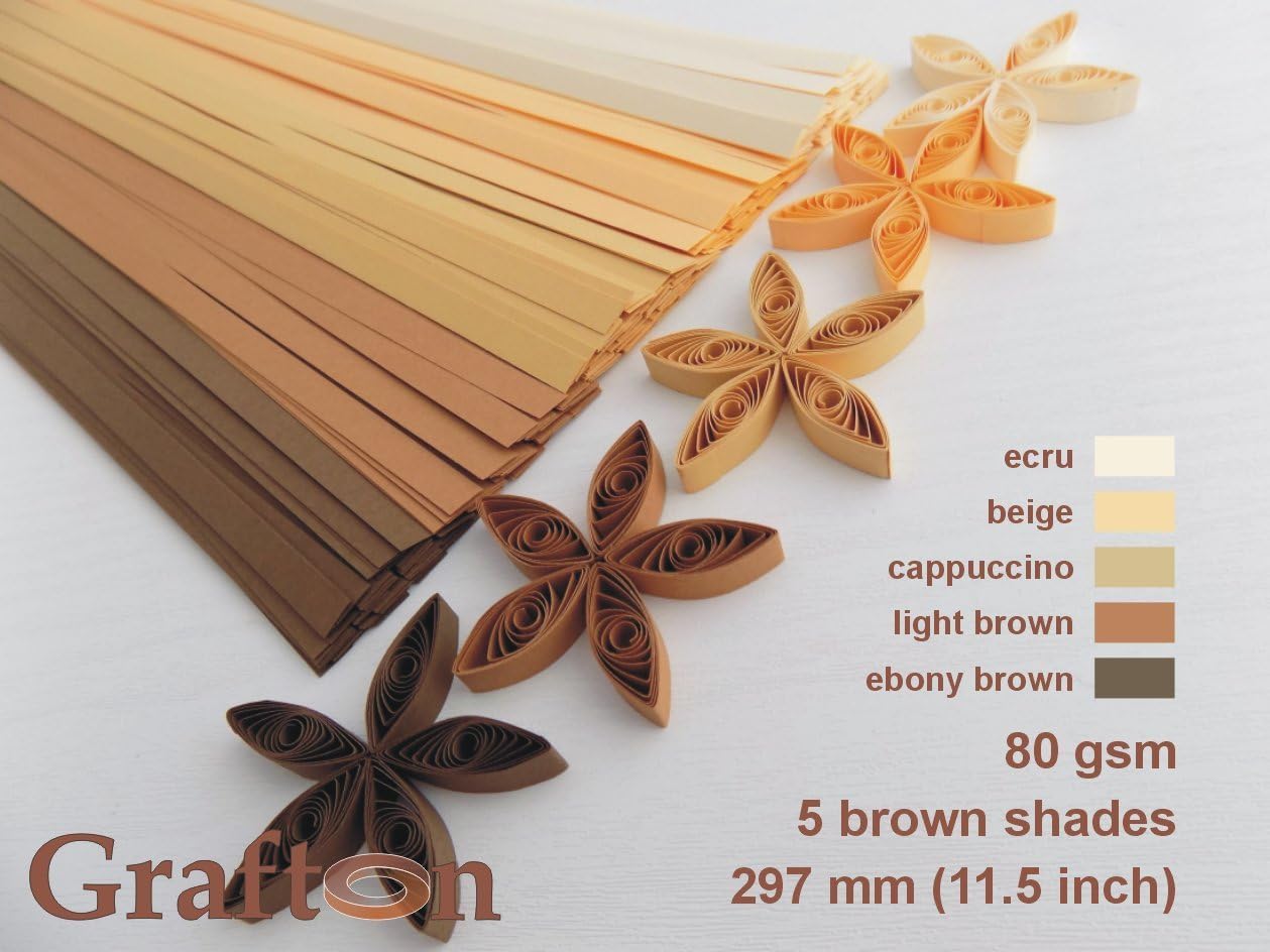 5 Brown Shades x 100 Strips per Pack, 500 Paper Quilling Strips, 3mm (1/8 inch) Wide, 297 mm (11.5 inch) Long, 80 GSM, Solid Colors, DIY PaperCraft, BN PS 3 USA